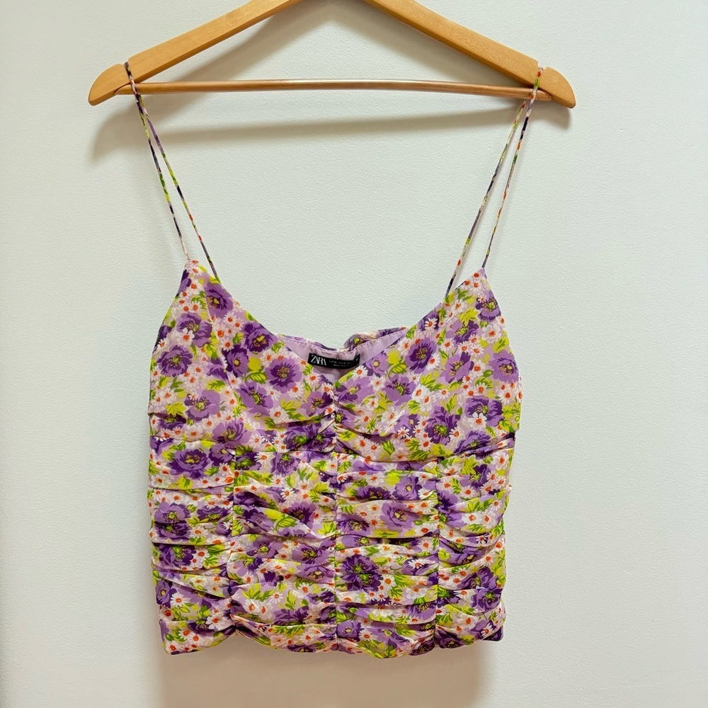 Zara Purple‎ Floral Ruched Camisole Top Spaghetti Strap Side Zip Size M